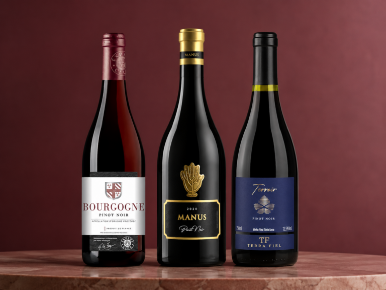 Três garrafas de Pinot Noir em composição editorial para matéria sobre terroir, gastronomia e experiência sensorial