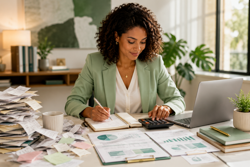 Empreendedora analisando finanças para entender por que vender muito não significa lucrar