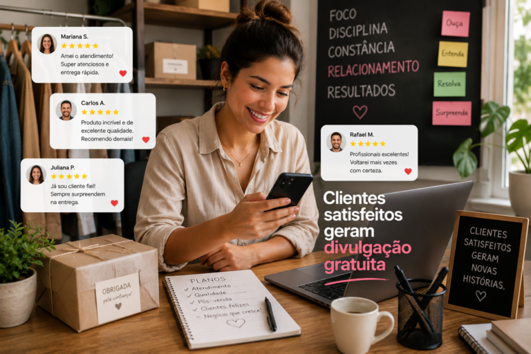 empreendedora recebendo avaliações positivas de clientes no celular