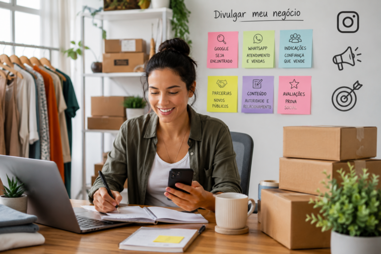 empreendedora organizando canais digitais para divulgar seu negócio