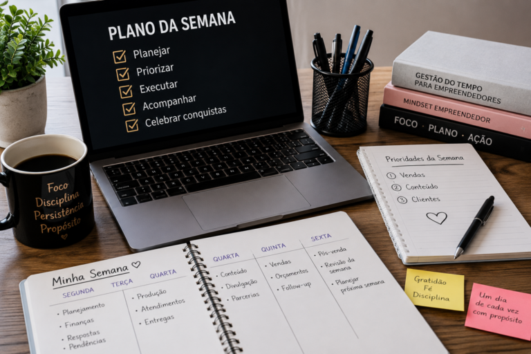 empreendedor organizando a semana com agenda notebook e tarefas do negócio