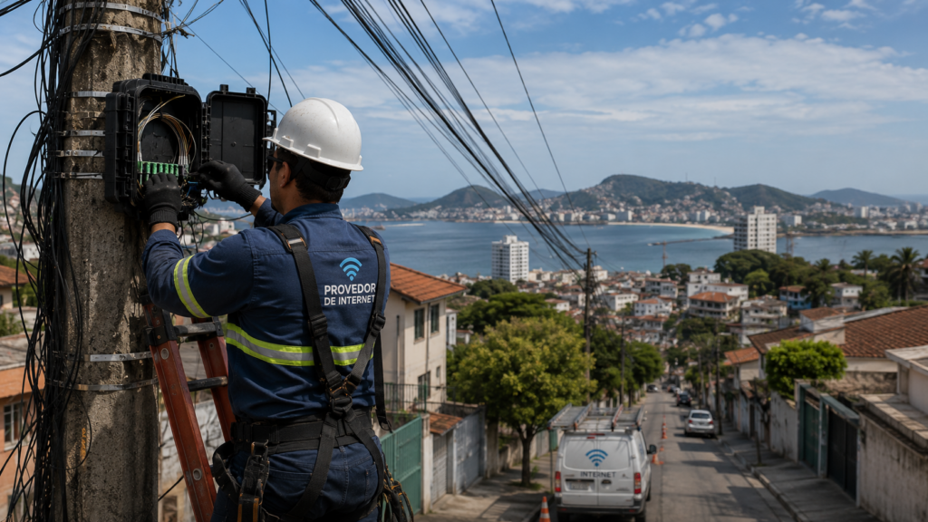 Técnico de telecomunicações trabalhando em rede de fibra óptica em Niterói