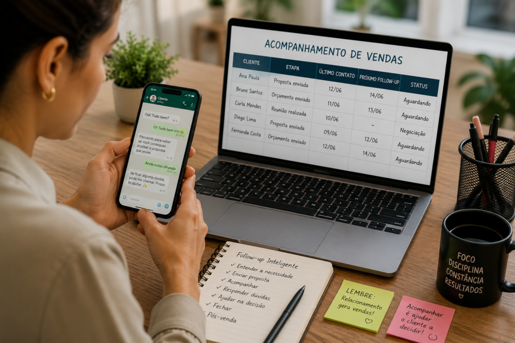 empreendedora organizando follow-up de vendas pelo WhatsApp