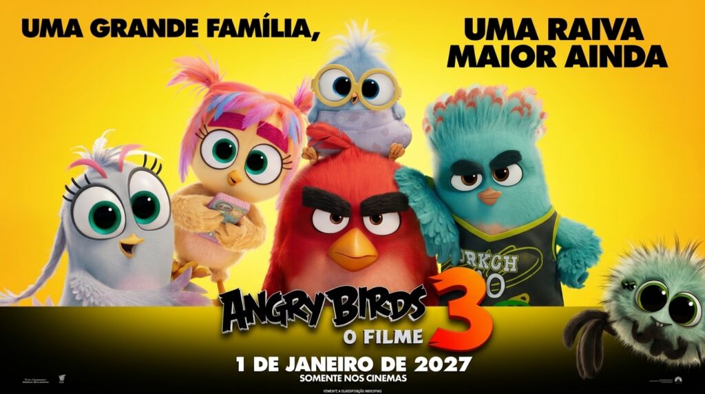 Imagem de divulgação de Angry Birds 3 – O Filme, animação com dublagem brasileira de Fábio Porchat, Marcelo Adnet e Julia Faria.