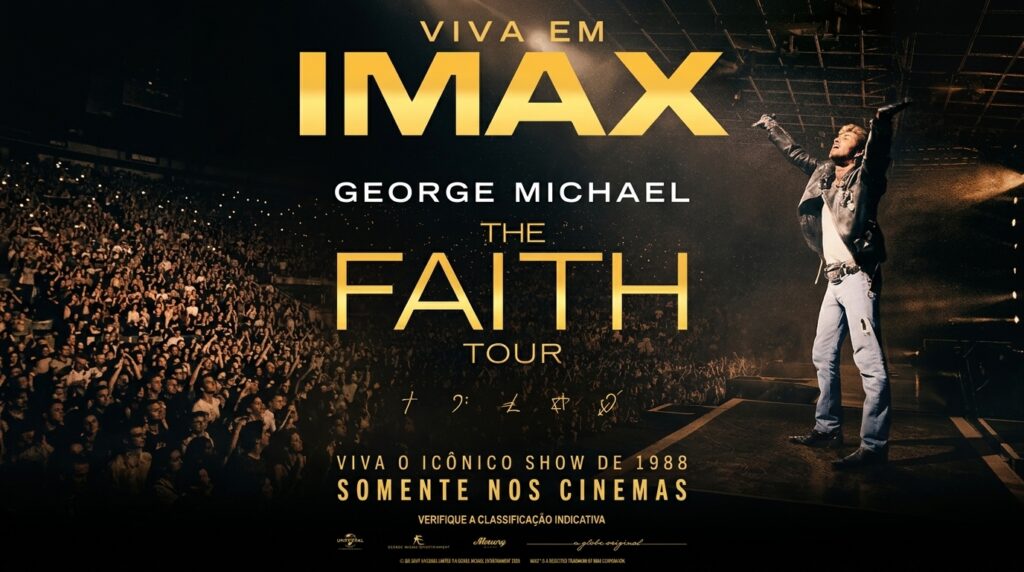 Material de divulgação do filme-concerto George Michael: The Faith Tour, com estreia brasileira em novembro de 2026.
