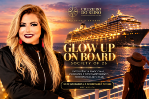 Cartaz do Glow Up On Board — Society of 26, com imagem de navio e datas de 30 de novembro a 3 de dezembro.