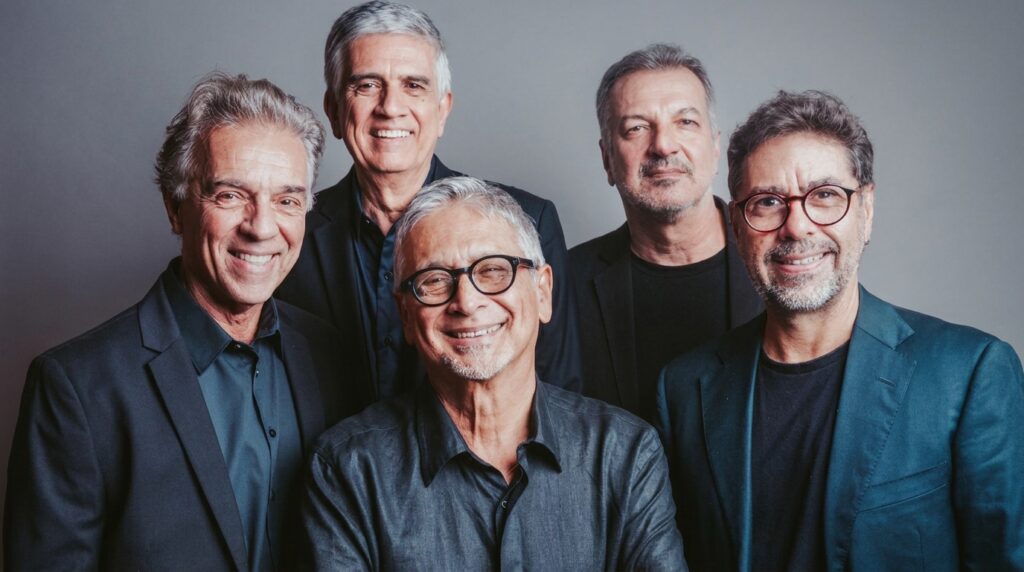 Zé Renato e Conexão Rio em imagem de divulgação do espetáculo NewTom, dedicado à obra de Newton Mendonça e Tom Jobim.